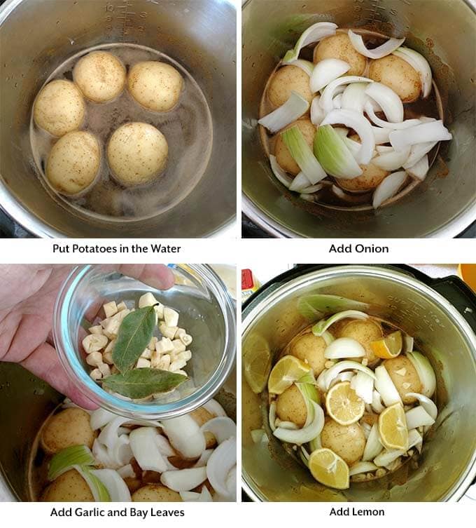 four process images showing the addition of potatoes into water, as well as the onion and other ingredients into a pressure cooker pot