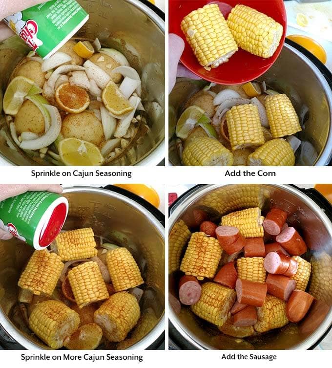 Four process images showing the addition cajun seasonings, corn, and sausage