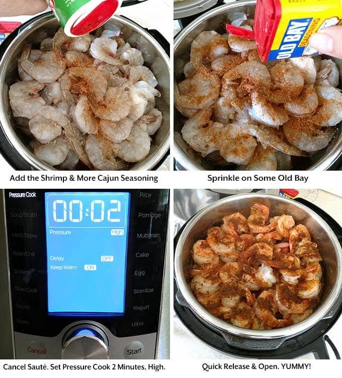 Four process images showing the addition of shrip and more seasoning into the pot and setting the cooking time