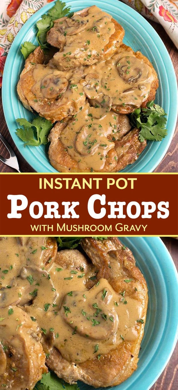 Instant Pot Pork Chops with Mushroom Gravy are so delicious! Serve these pressure cooker pork chops over rice or mashed potatoes, the rich mushroom gravy will not disappoint! simplyhappyfoodie.com #instantpotporkchops #pressurecookerporkchops