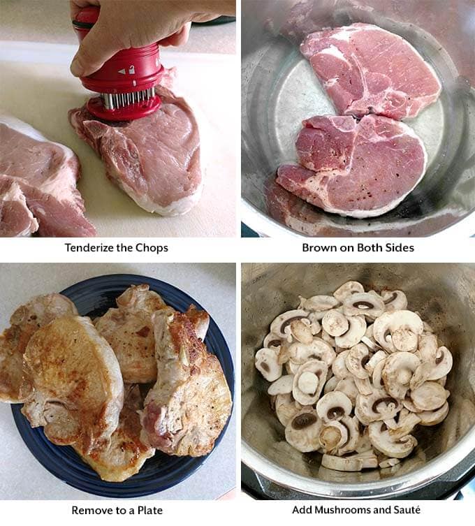 Four process images showing the tenderizing, browning, and removal of the meat, before adding mushrooms into the pressure cooker pot