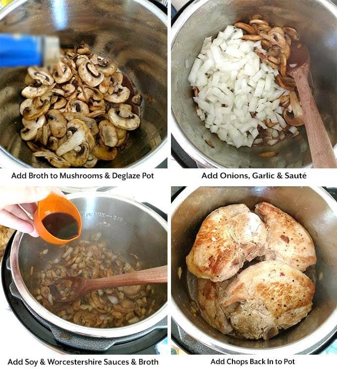 four process images showing the addition of broth, onions, garlic, liquids, meat, and soup into the pressure cooker pot before setting the pressure cooker cook time