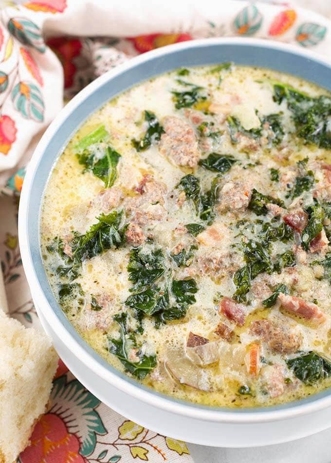 Zuppa Toscana Sausage Potato Soup in a light blue bowl