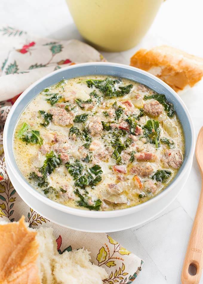 Zuppa Toscana Sausage Potato Soup in a light blue bowl