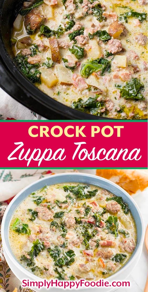 Crock Pot Zuppa Toscana Sausage Potato Soup is rich and very flavorful. With sausage, potatoes, bacon, & kale. A tasty, easy slow cooker zuppa Toscana soup. simplyhappyfoodie.com #crockpotzuppatoscana #crockpotsausagepotatosoup #slowcookerzuppatoscana #slowcookersausagepotatosoup #olivegardensoup