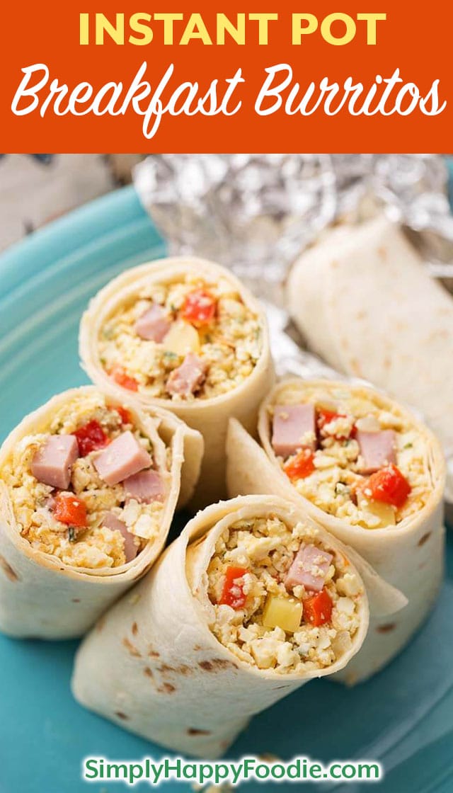 Instant Pot Breakfast Burritos are so good, and easy to make. You can customize these pressure cooker breakfast burritos any way you want. These delicious Instant Pot egg burritos are good for meal prep. simplyhappyfoodie.com instant pot recipes #instantpotrecipes #instantpotbreakfastburritos #pressurecookerbreakfastburritos