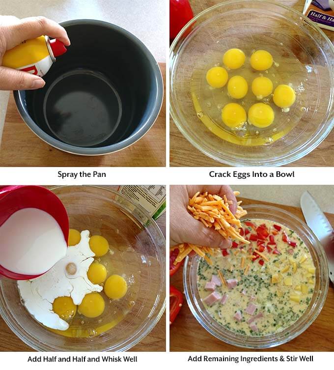 four process images showing spraying a pan with cooking spray, cracking eggs into a glass bowl and then adding milk and other ingredients into the glass bowl