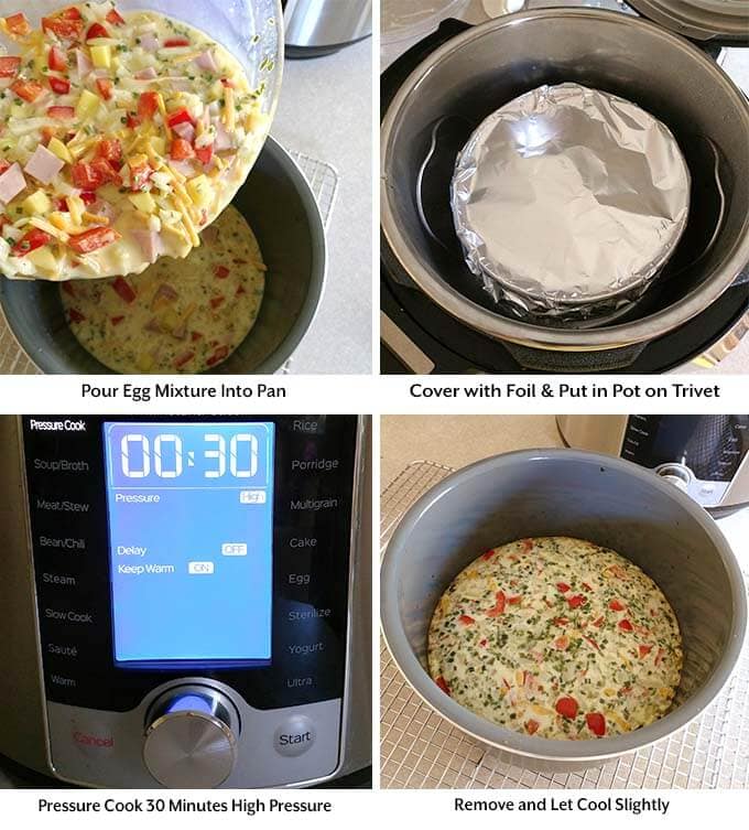 four process images showing the addition of the egg mixture into the pan and then covering it with foil and putting the covered pot on a trivet into the pressure cooker pot, setting the time, and taking out the finished product