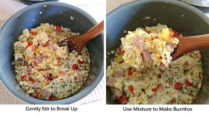 two process images showing a wooden mixing spoon breaking up the mixture and spooning it out of the pot