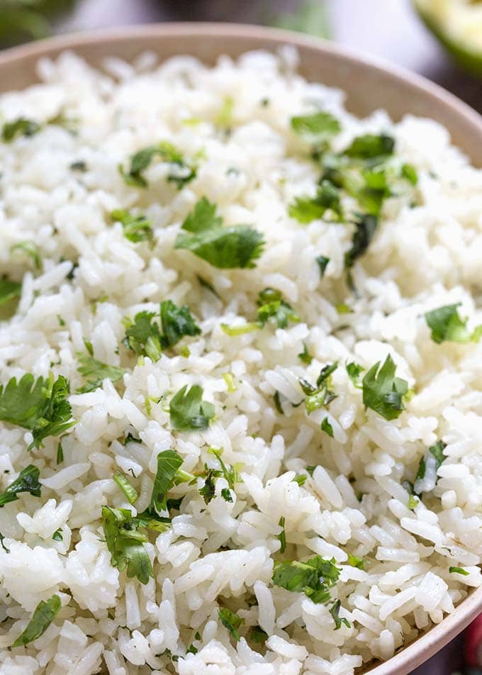 Closeup of Cilantro Lime Rice in a beige bowl