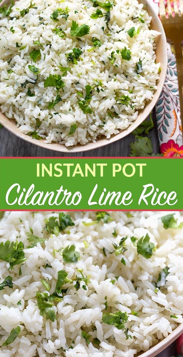 Instant Pot Cilantro Lime Rice is inspired by Chipotle's Cilantro Lime Rice. This delicious pressure cooker cilantro lime rice goes well in tacos, burritos, or rice bowls. Easy and tasty! simplyhappyfoodie.com #instantpotrecipes #instantpotrice #instantpotcilantrolimerice #pressurecookerrice #pressurecookercilantrolimerice