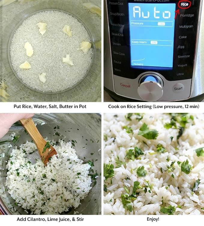 four process images showing the rice, water, salt, butter in the pressure cooker pot, cooking on the rice setting of the pressure cooker, mixing with a wooden spoon, and then the final result