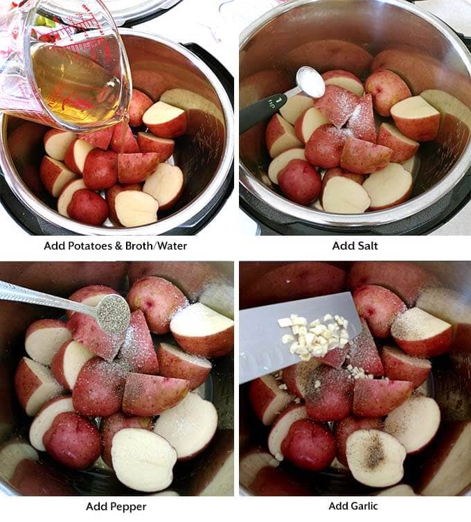 four process images showing the addition of potaotes, liquid, salt, seasonings, and garlic into a pressure cooker pot