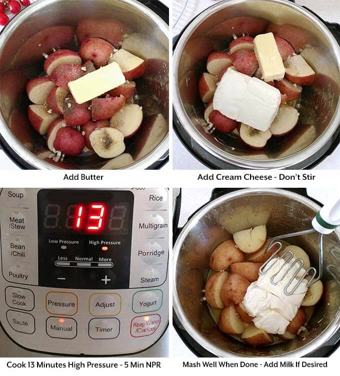 four images showing the addition of butter and cream cheese before setting the cook time and then mashing ingredients together when cooked