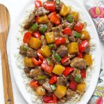 Instant Pot Hawaiian Pineapple Pork brings Hawaiian and Asian flavors to tender chunks of pork, with pineapple and red bell peppers. Pressure cooker Hawaiian Pineapple Pork over rice is so delicious! simplyhappyfoodie.com #instantpotrecipes #instantpothawaiianpork #instantpotpineapplepork #pressurecookerpineapplepork #pressurecookerhawaiianpork instant pot recipes