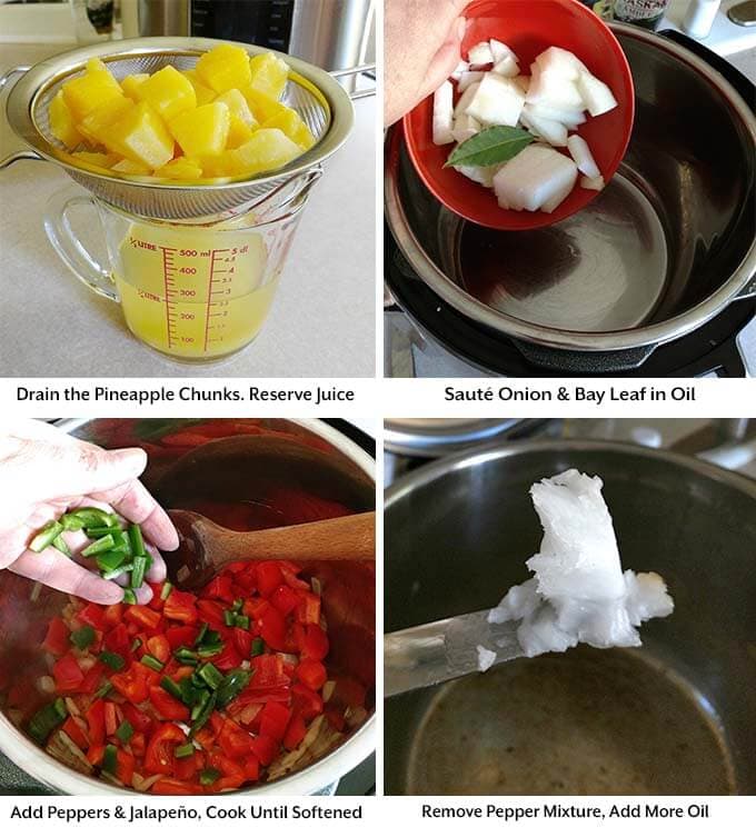 Four process images showing pineapple chunks being drained, sauteing onion and bay leaf in the pressure cooker pot before adding the peppers, then removing everthing and putting more oil into the pressure cooker pot