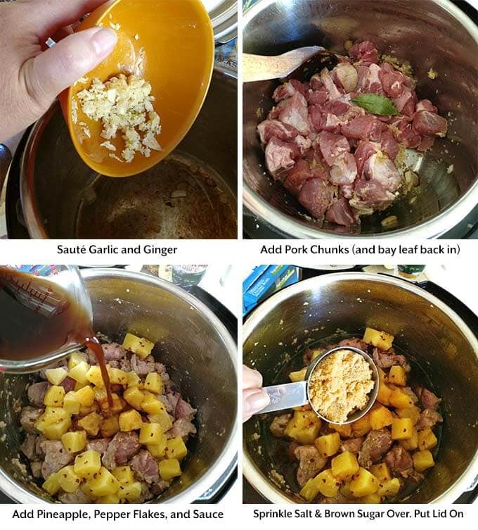 Four process pictures showing garlic and ginger being sauteed, then adding the pork, liquid and brown sugar into the pressure cooker pot