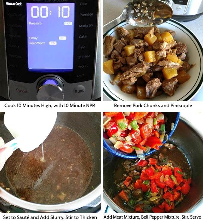 Four process images showing the pressure cooker time being set, removing pork and pineapple, before adding slurry to sauce and combining everything into the pressure cooker pot