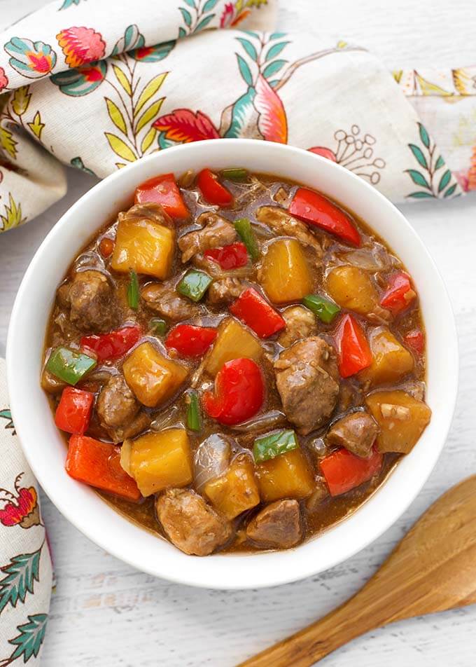 Hawaiian Pineapple Pork in a white bowl