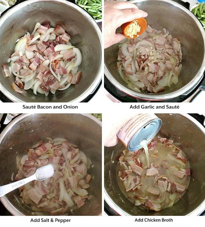 Four process images showing bacon and oinion sauteed in pressure cooker pot then adding garlic, seasoning and liquid