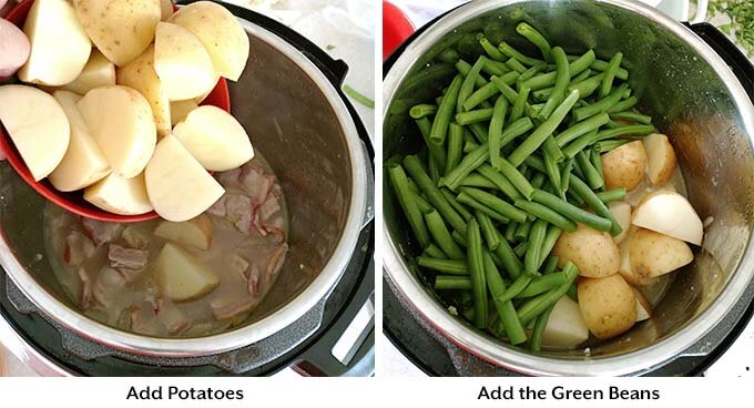 Four process images showing the addition of potatoes, green beans and bacon into the pressure cooker pot then setting the cook time on the pressure cooker