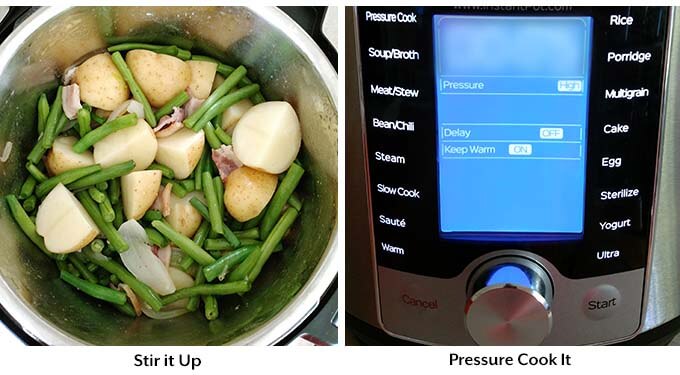 Instant Pot Green Beans with New Potatoes and Bacon are true comfort food! This fast cooking pressure cooker Southern green beans recipe is fast cooking, and has a lot of flavor. Instant Pot Recipes by simplyhappyfoodie.com #instantpotgreenbeans #pressurecookergreenbeans