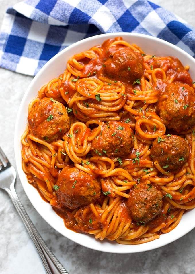 Spaghetti and Meatballs on a white plate