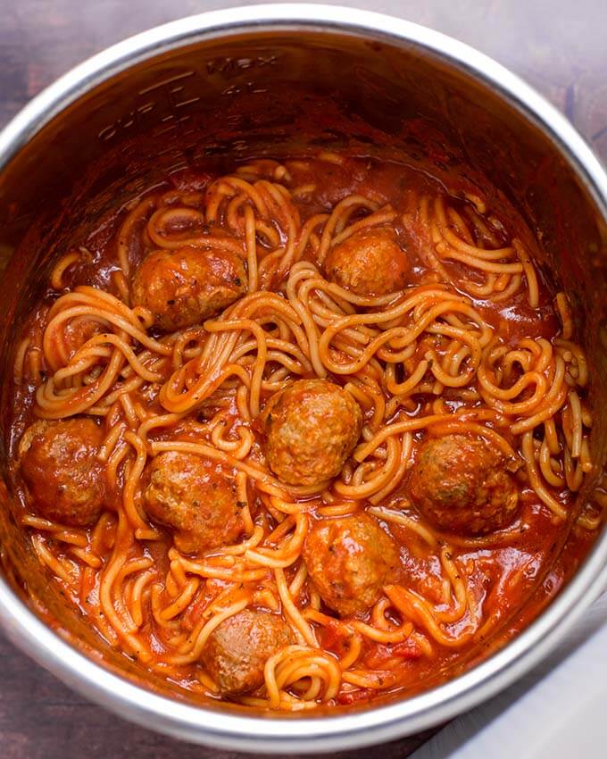 Top view of Spaghetti and Meatballs in a pressure cooker pot