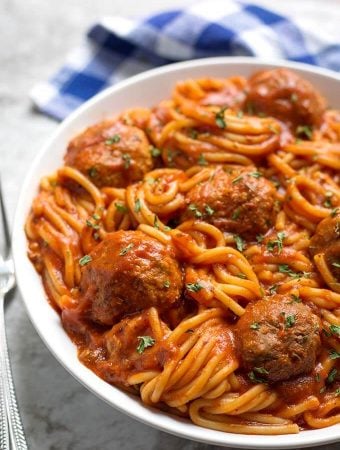 Spaghetti and Meatballs on a white plate