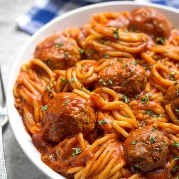 Spaghetti and Meatballs on a white plate
