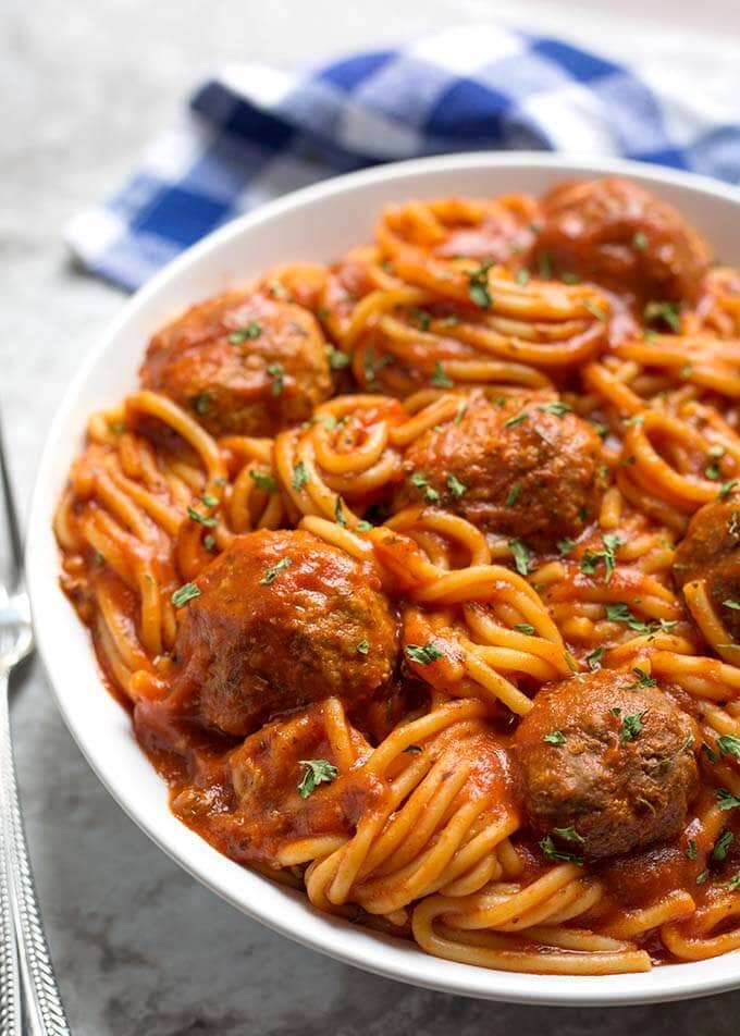 Spaghetti and Meatballs o a white plate