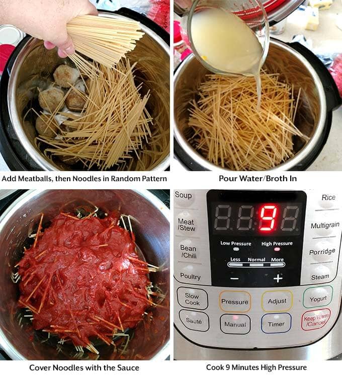 four process images showing the addition of meatballs, noodles, liquid, and sauce into a pressure cooker pot before setting the cook time