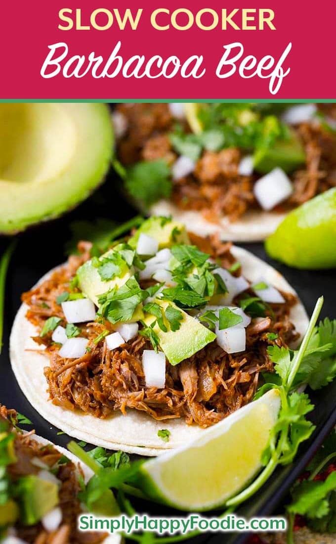 Slow Cooker Barbacoa Beef is a tender Mexican shredded beef that you can use in shredded beef tacos, and beef rice bowls. Crock Pot Barbacoa Beef is super flavorful and couldn't be easier to make! simplyhappyfoodie.com #slowcookerbarbacoabeef #crockpotbarbacoabeef #shreddedbeef easy slow cooker recipes, easy crock pot recipes