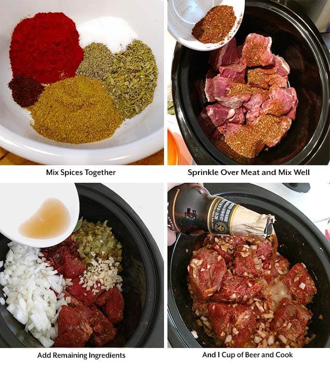 four process images showing the mixes in a white bowl, meat and spice mix in a black slow cooker with the remaining ingredients added