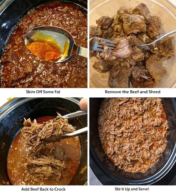 four process images showing fat being skimmed of of the mixture, removing the beef into a glass bowl, adding the meat back into the slow cooker and then the final product