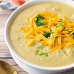 Broccoli Cheddar Soup in a white bowl