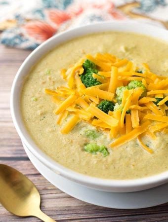 Broccoli Cheddar Soup in a white bowl