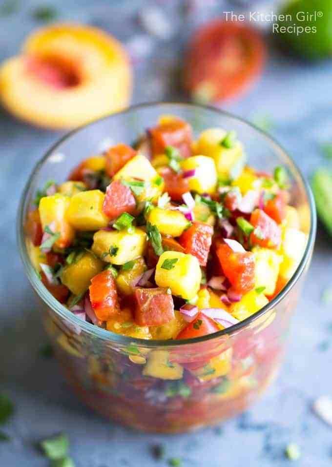 Peach Pico De Gallo Tomato Salsa in a glass bowl