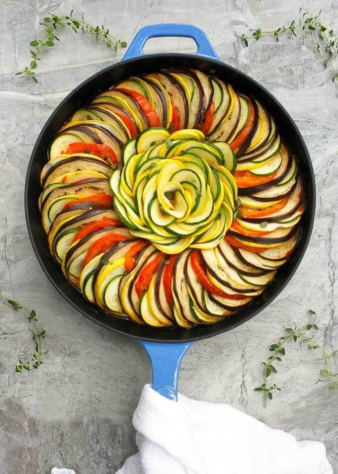 Ratatouille Tian in a blue skillet