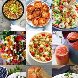 31 best fresh tomato recipes title with 9 images of tomatoe dishes along with simply happy foodie.com logo