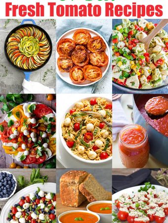 31 best fresh tomato recipes title with 9 images of tomatoe dishes along with simply happy foodie.com logo