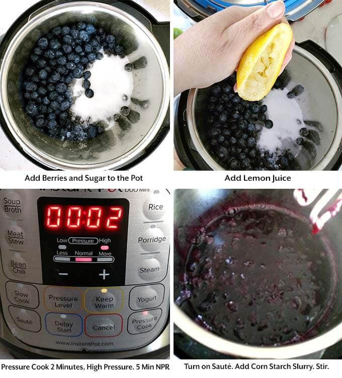 Four process images showing the addition of berries, sugar, and lemon juice into the pressure cooker pot, before setting the cook time and then sauteing and adding the slurry