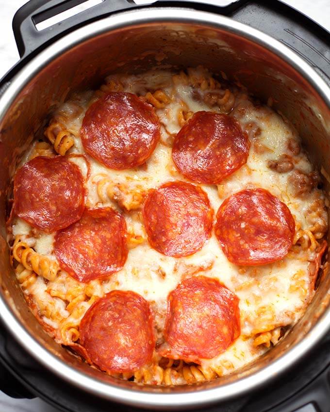 Top view of Pizza Pasta Casserole in a pressure cooker