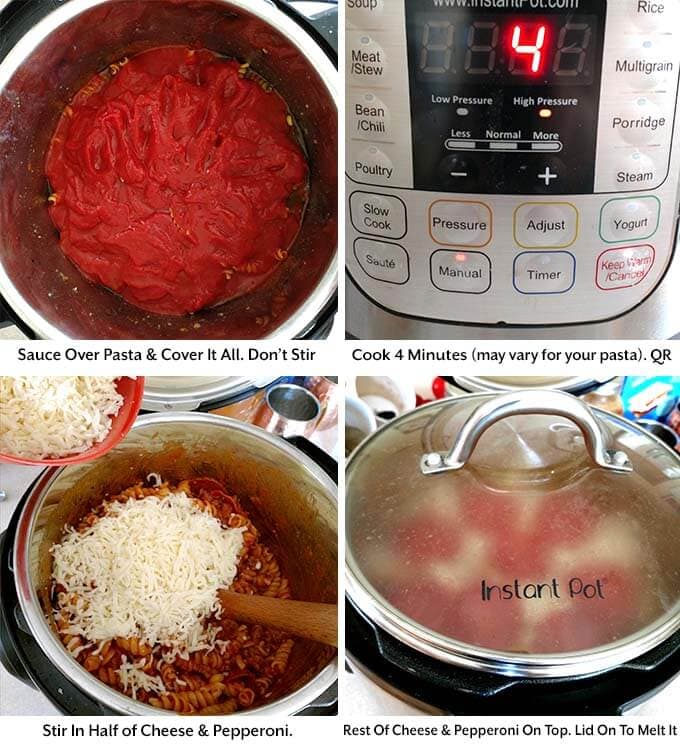 four process images showing covering the pasta with sauce, setting the cook time, adding in the cheese and pepperoni, and covering the pot to allow the cheese to melt