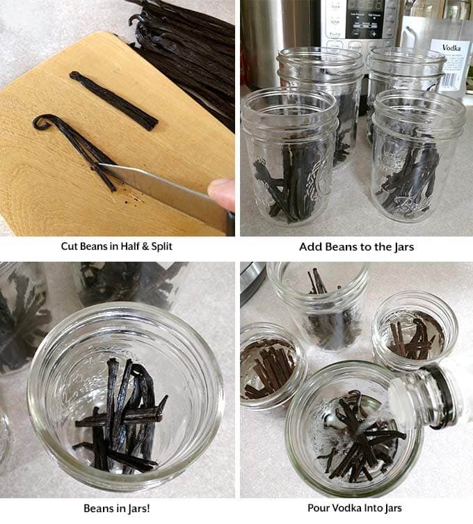 Four process images showing cutting vanilla beans, adding them to glass jars, and pouring vodka into jars