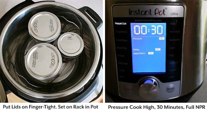 two process images showing three canning jars on a trivet in a pressure cooker and then setting the cook time on the pressure cooker