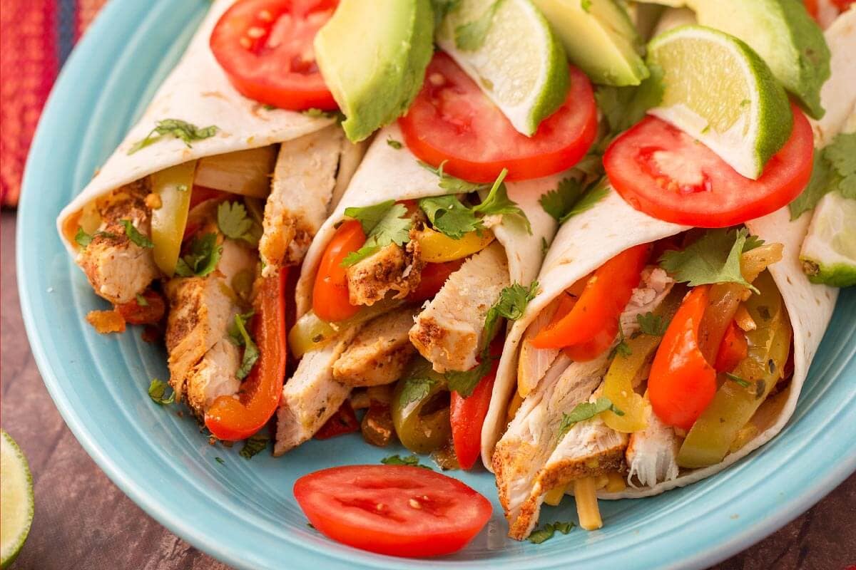 Slow Cooker Chicken Fajitas on a blue plate