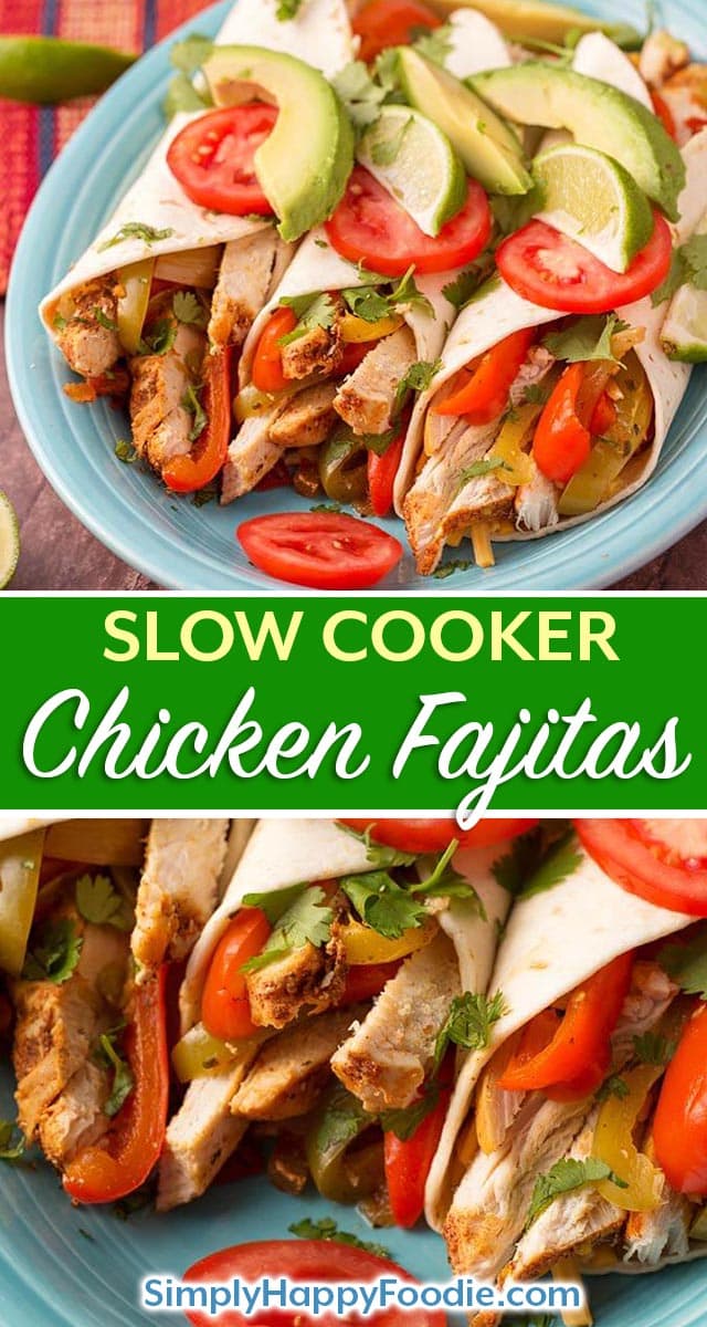 Slow Cooker Chicken Fajitas is a recipe that is easy to make! With tender chicken strips, bell peppers, onion, and my homemade Fajita Seasoning. These crock pot chicken fajitas will make your house smell so good while cooking. simplyhappyfoodie.com #slowcookerchickenfajitas #slowcookerfajitas #crockpotchickenfajitas