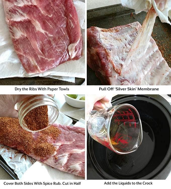 four process images showing drying the ribs with paper towels, removing the skin membrane, rubbing with seasonings, and adding liquid to the slow cooker