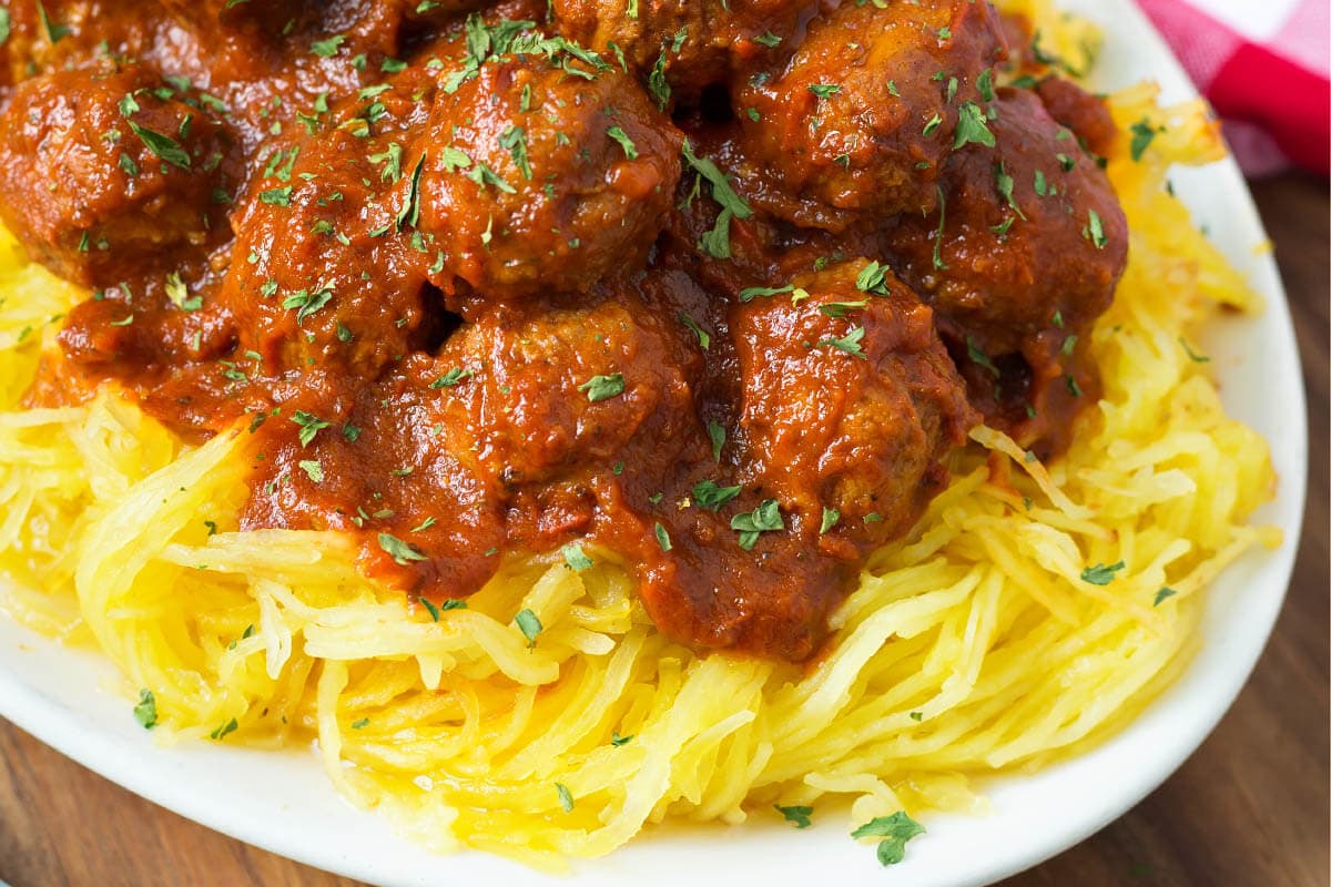 Spaghetti Squash and Meatballs on a white plate